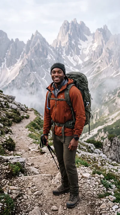 Smiling Hiker Standing On A Mountain Trail
