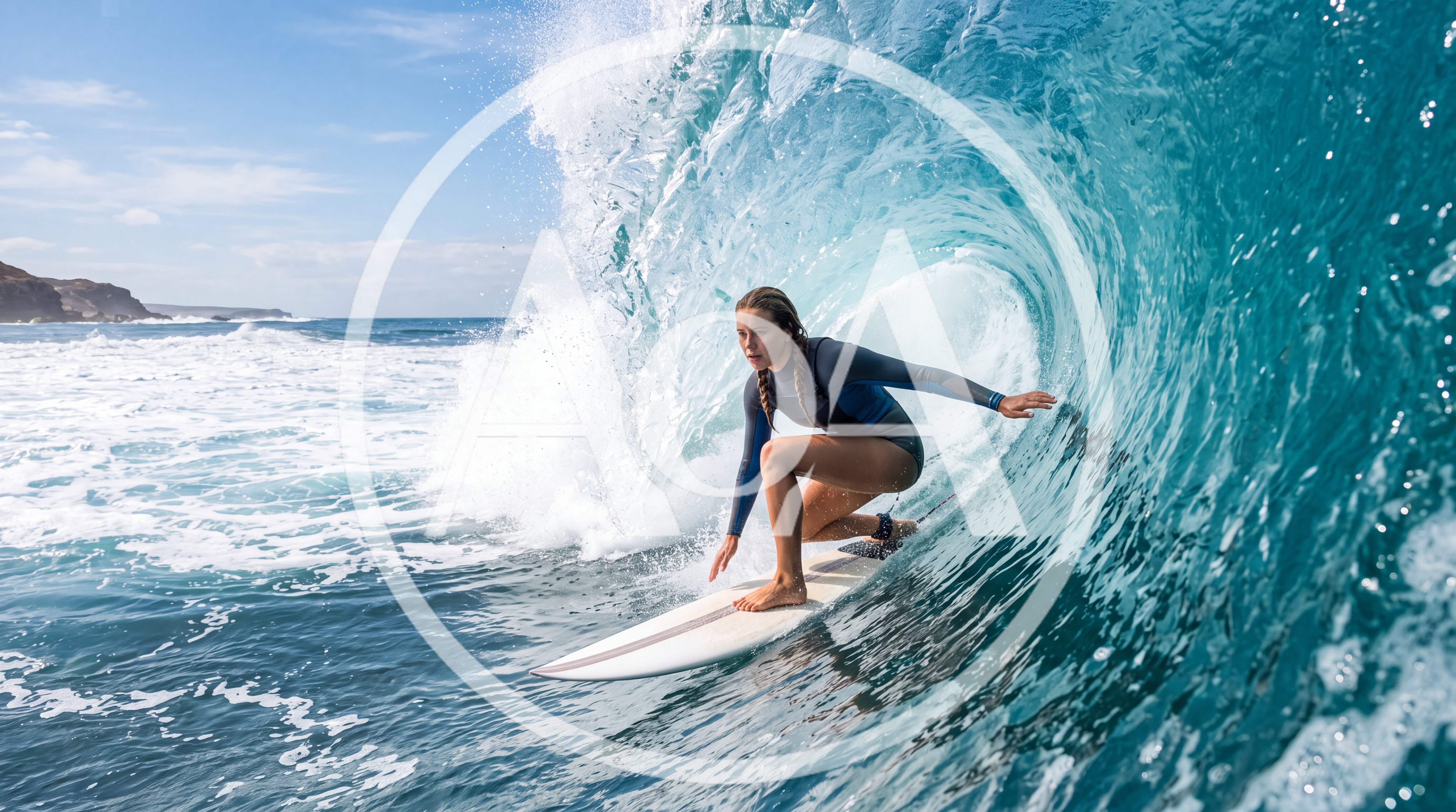 Young Female Surfer Riding A Large Ocean Wave