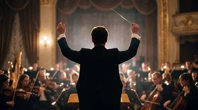 Conductor Leading An Orchestra In A Grand Concert Hall