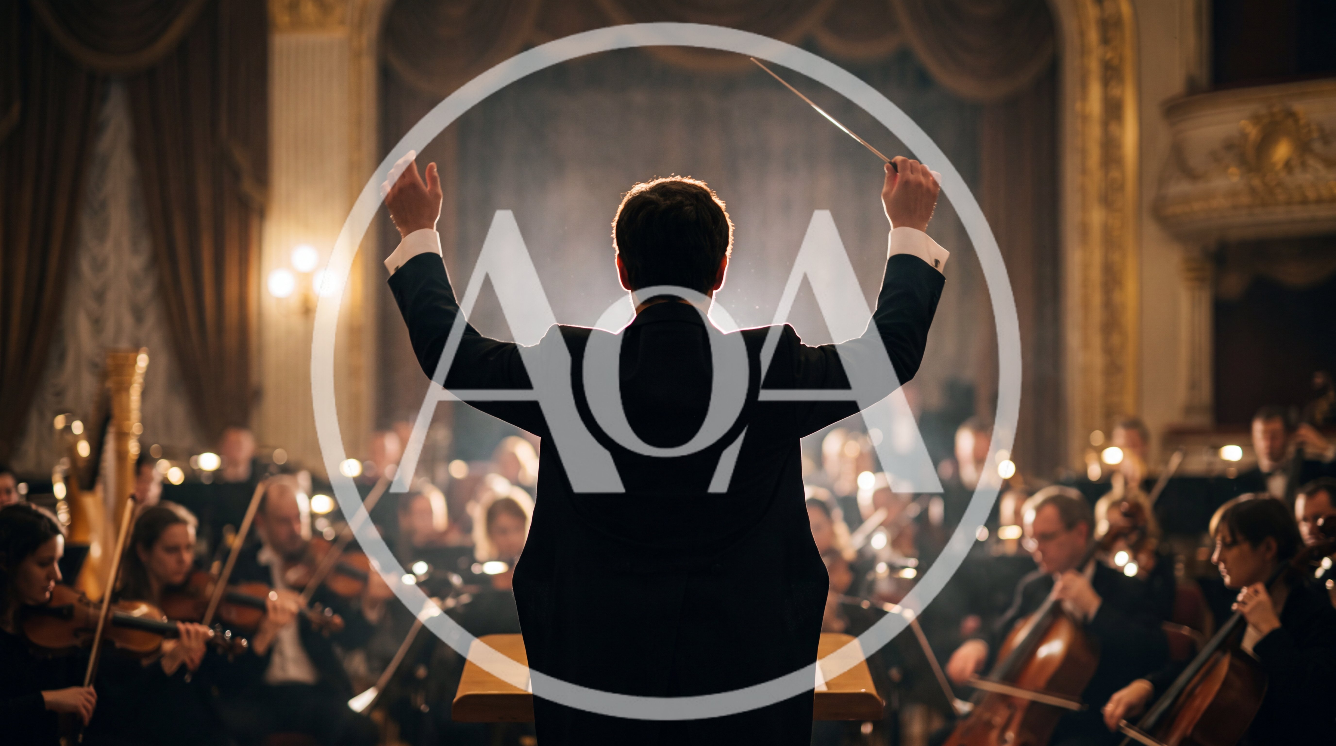 Conductor Leading An Orchestra In A Grand Concert Hall