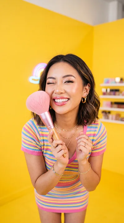Young Woman Holding Makeup Brush Against Yellow Background