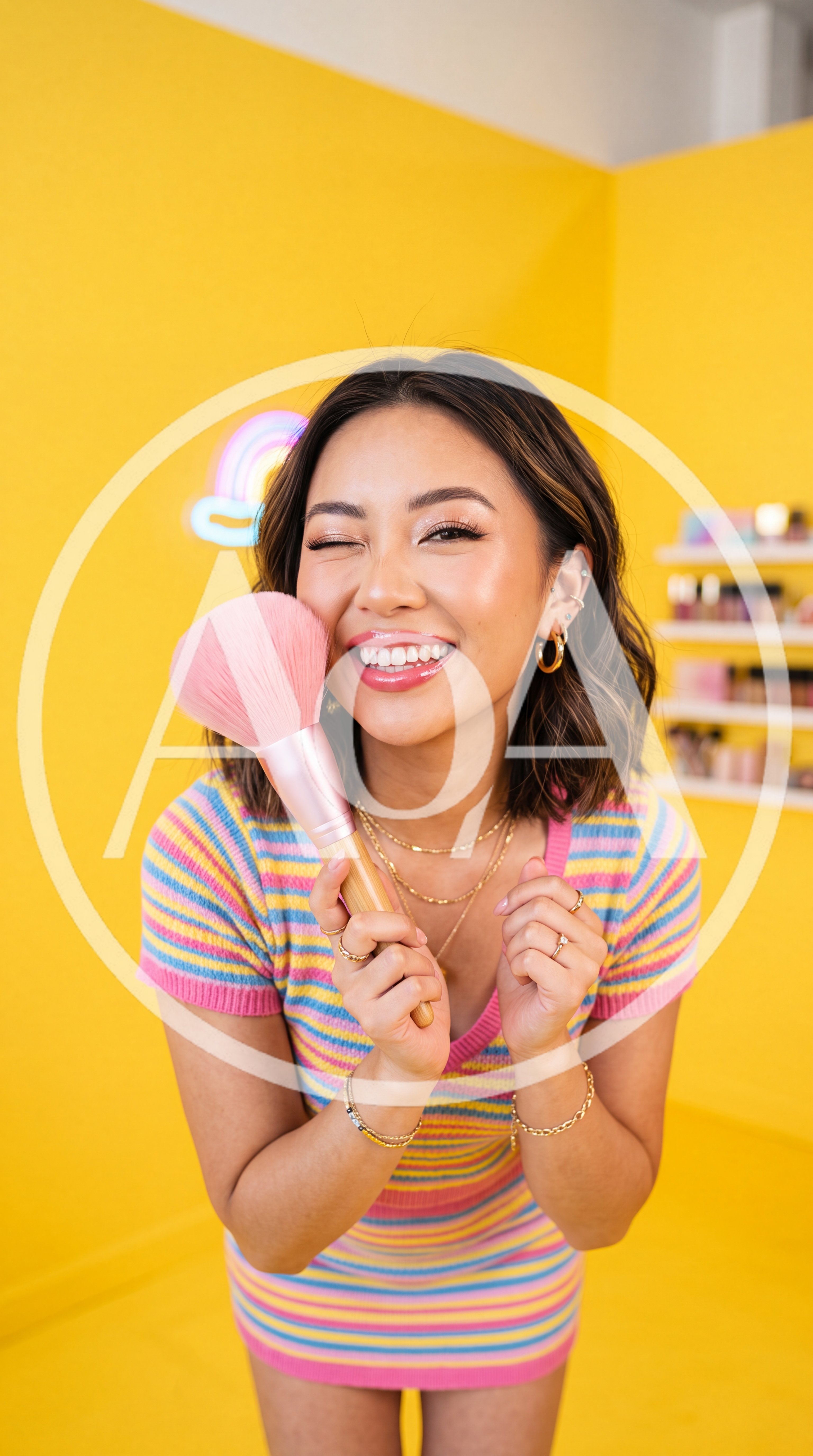 Young Woman Holding Makeup Brush Against Yellow Background