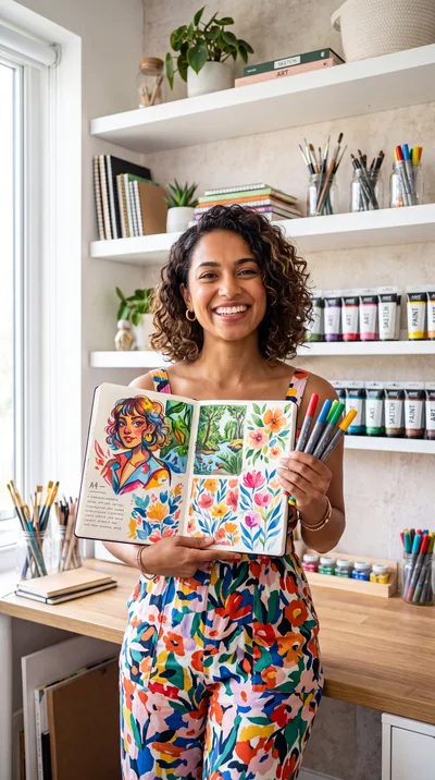 Smiling Female Artist Holding Open Sketchbook In Studio