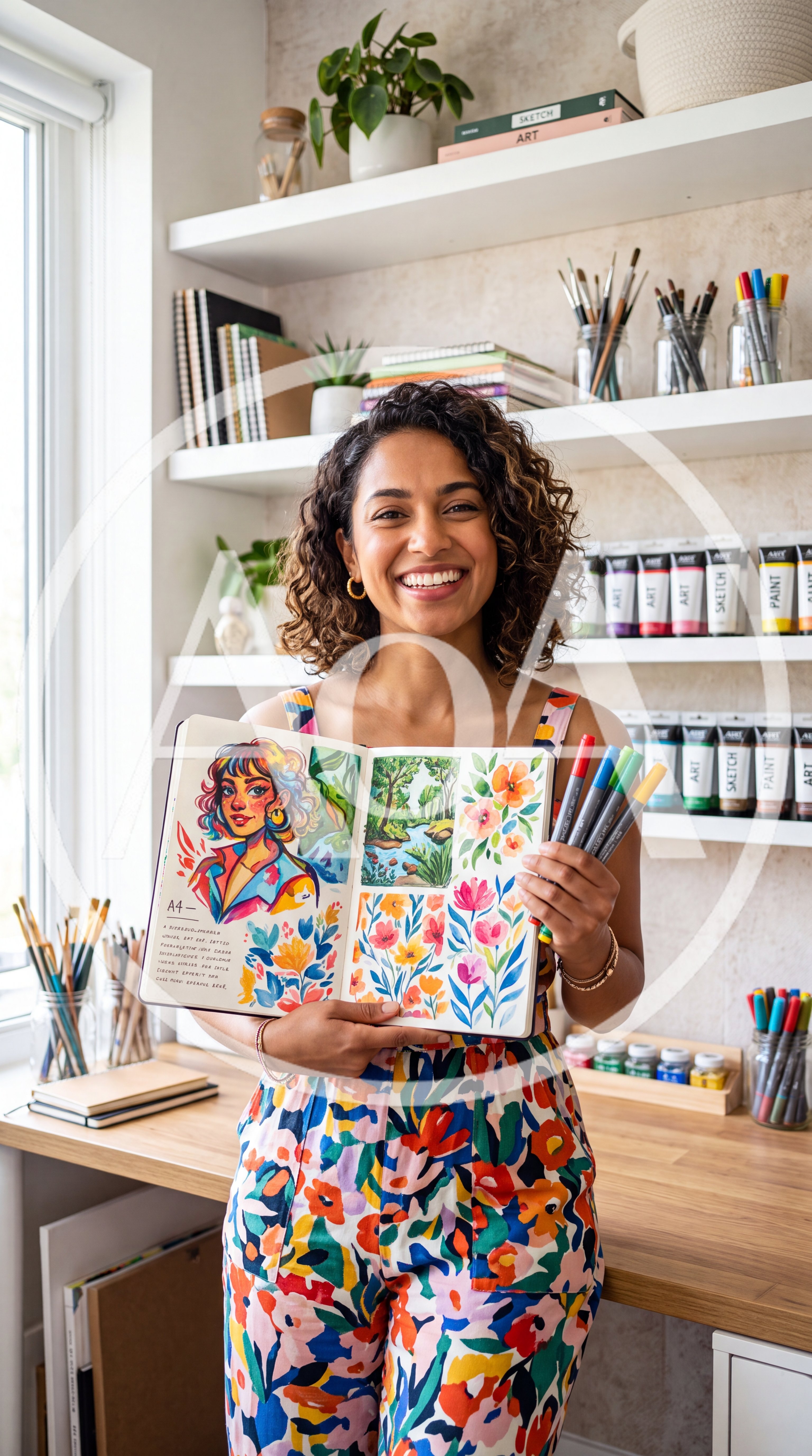 Smiling Female Artist Holding Open Sketchbook In Studio