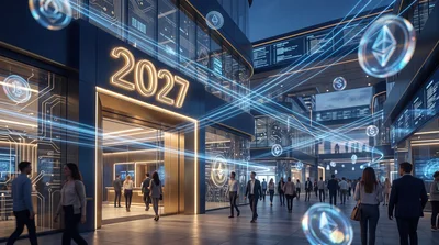 Futuristic Financial District With Digital Cryptocurrency Symbols