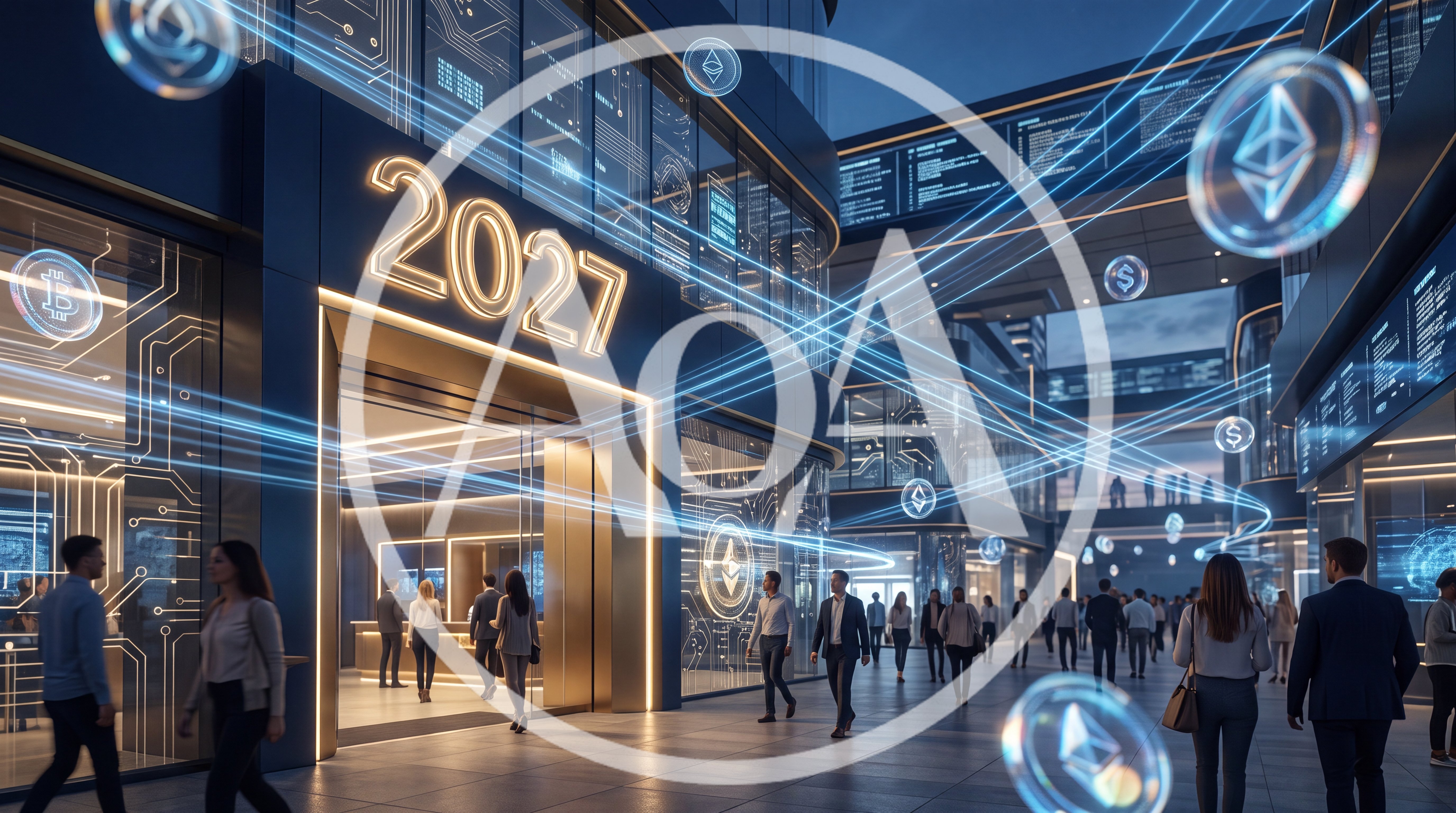 Futuristic Financial District With Digital Cryptocurrency Symbols