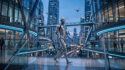 Futuristic Humanoid Robot Walking Through Modern Cityscape