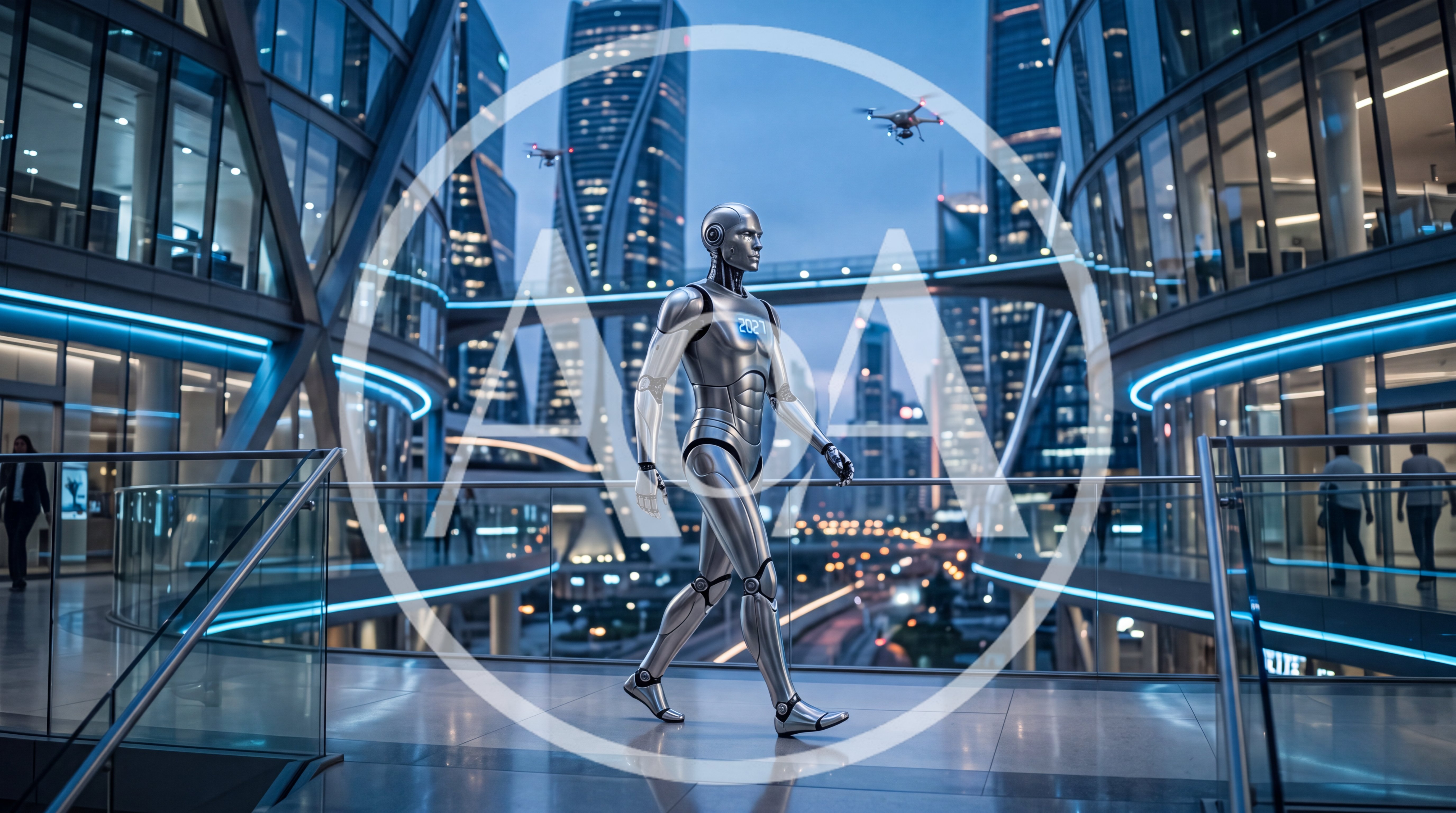 Futuristic Humanoid Robot Walking Through Modern Cityscape