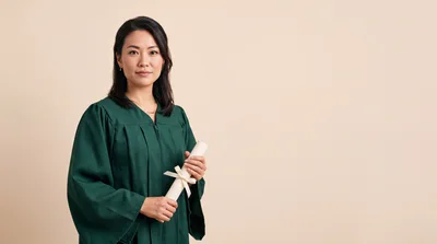 Asian Graduate Woman Holding Diploma In Green Gown