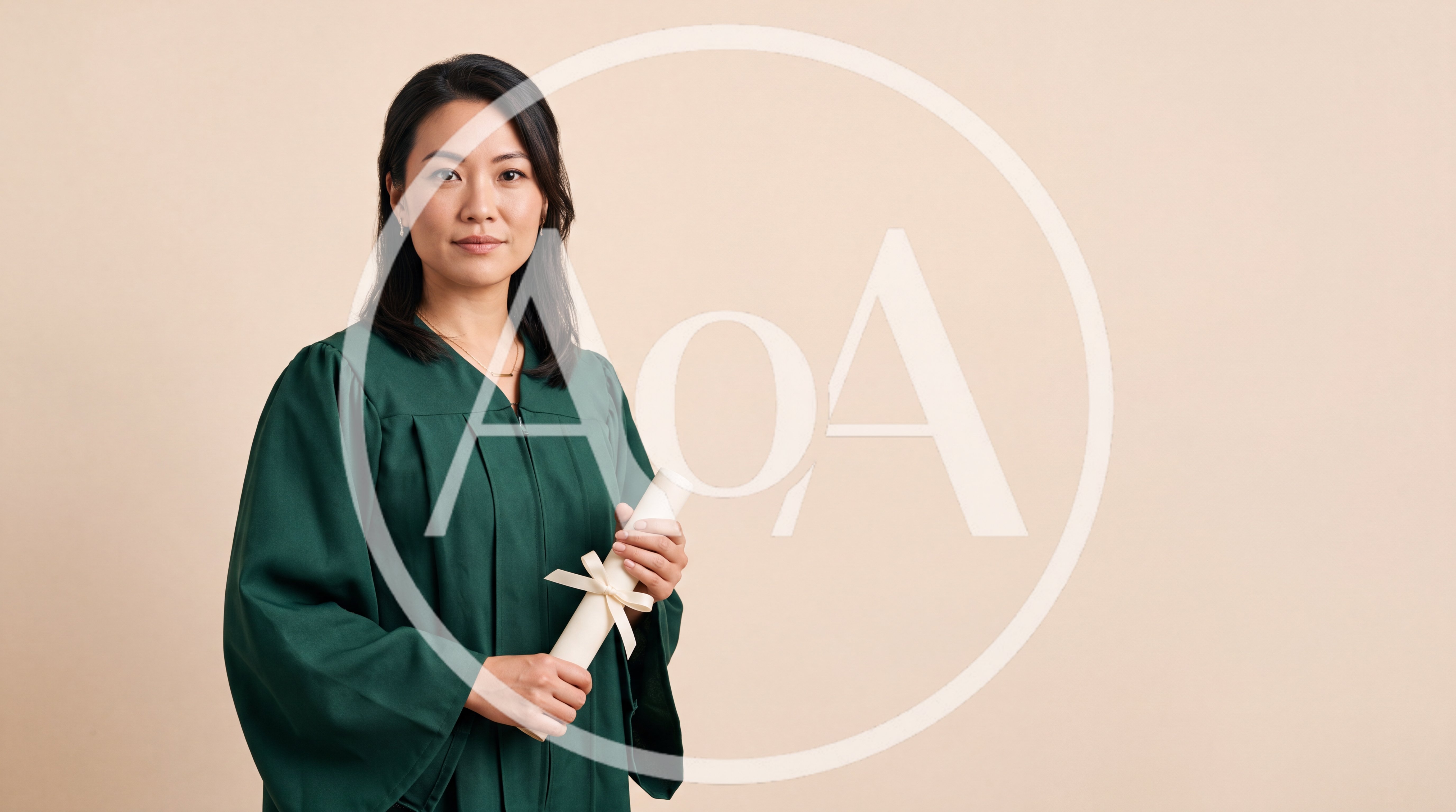 Asian Graduate Woman Holding Diploma In Green Gown