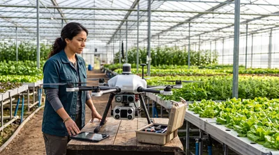 Female Agricultural Technician Preparing Drone In Greenhouse