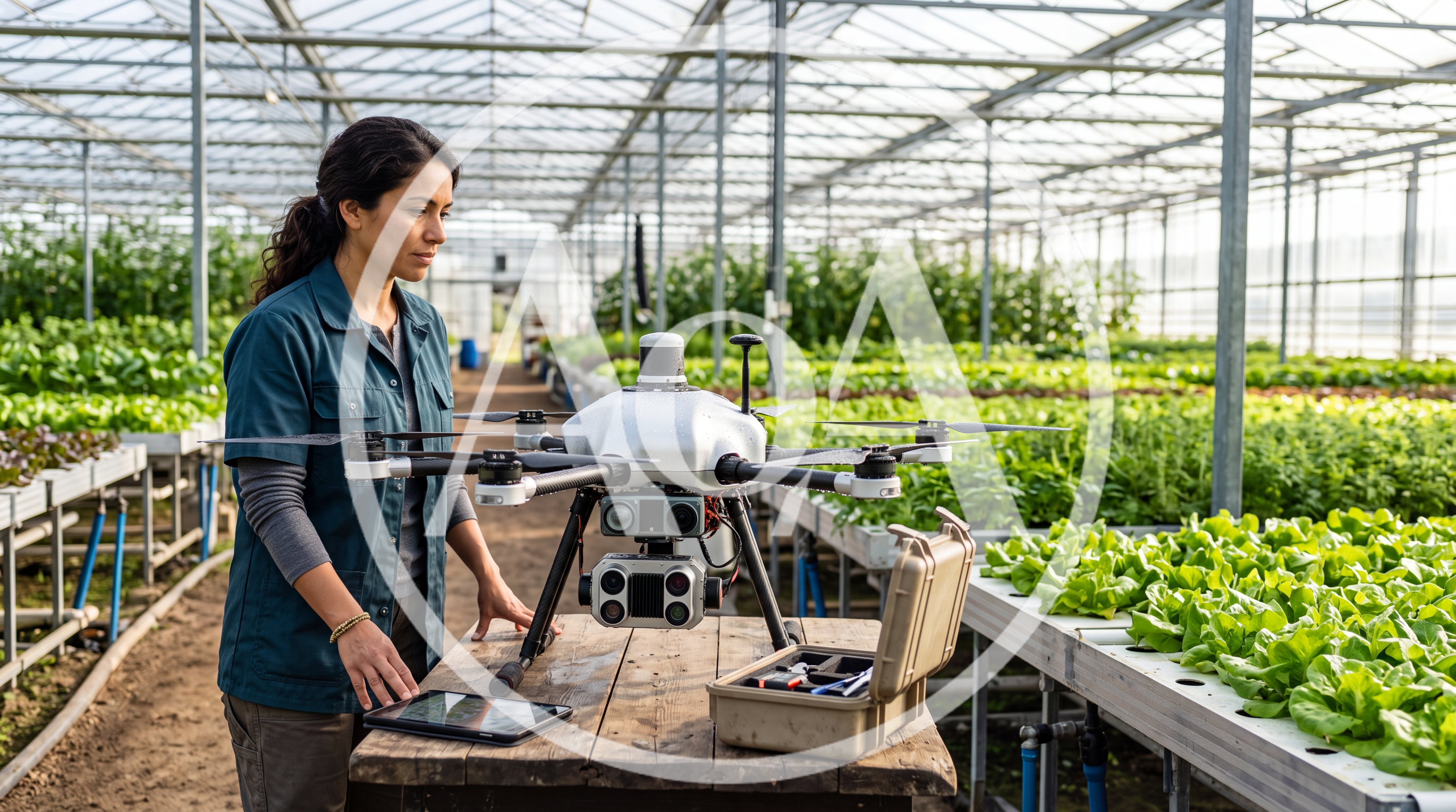 Female Agricultural Technician Preparing Drone In Greenhouse