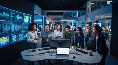 Diverse Professional Team Collaborating in Modern Data Analytics Center