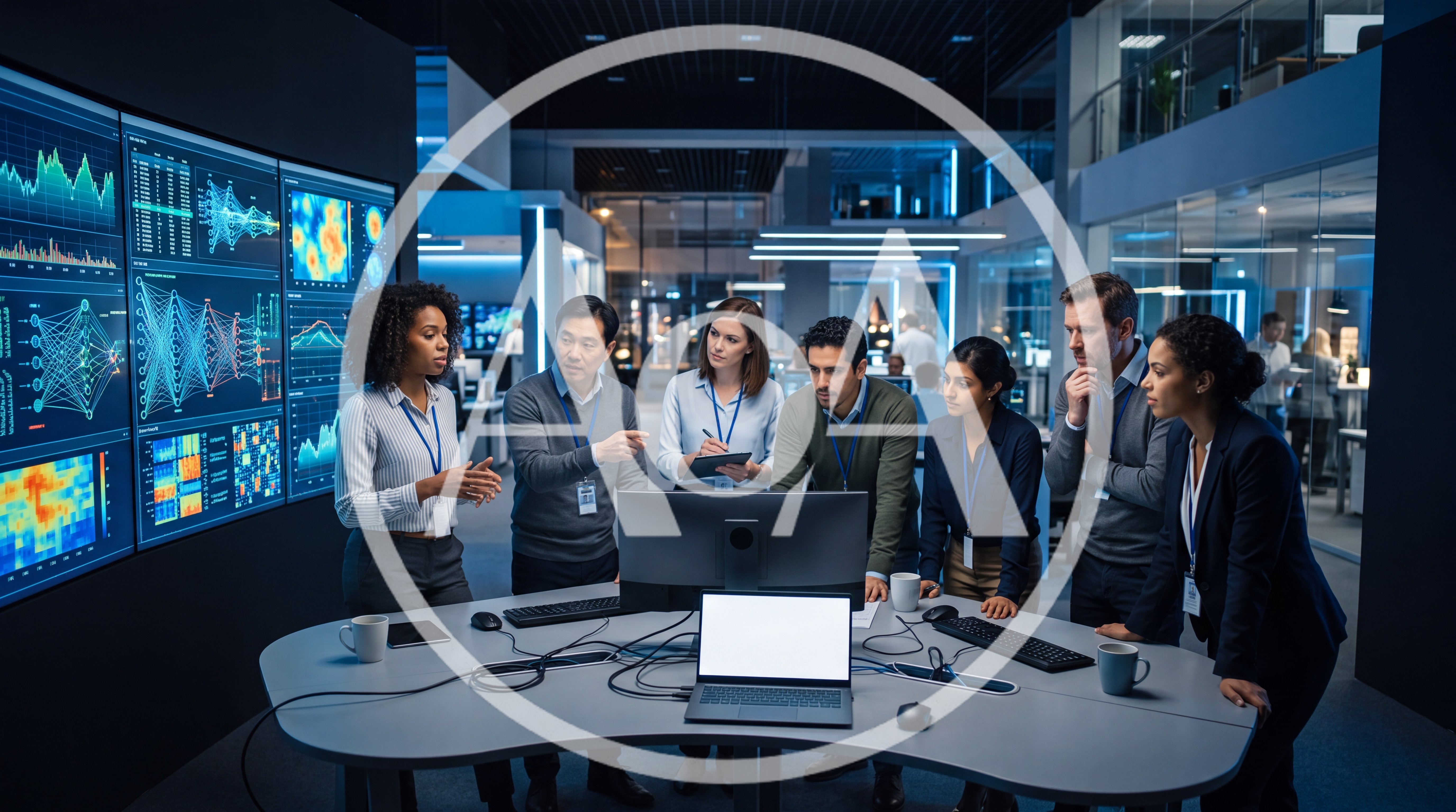 Diverse Professional Team Collaborating in Modern Data Analytics Center