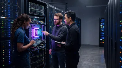 IT Professionals Inspecting Advanced Server Hardware In Data Center