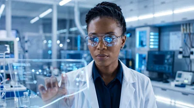 Female Scientist Interacting With Holographic Brain Interface