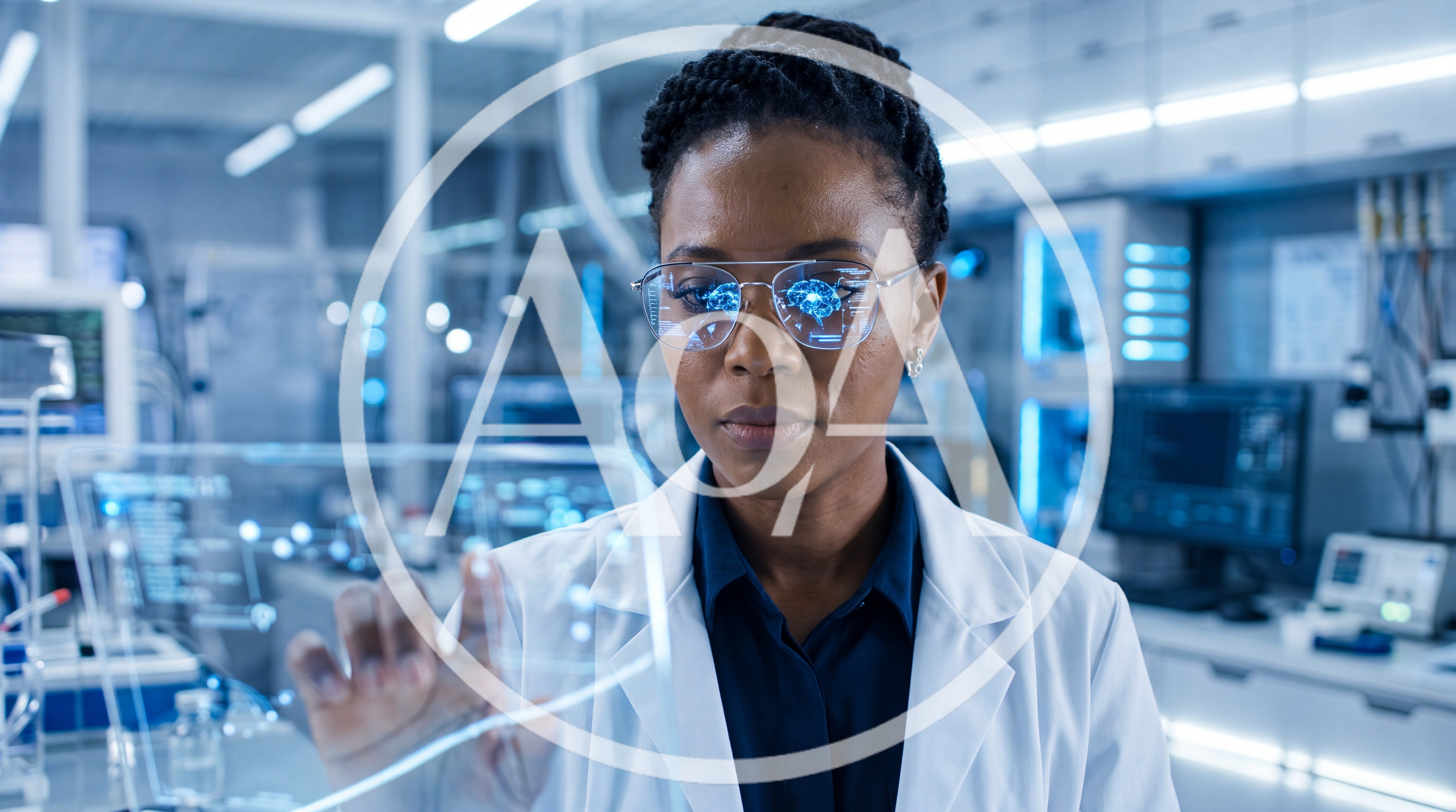 Female Scientist Interacting With Holographic Brain Interface