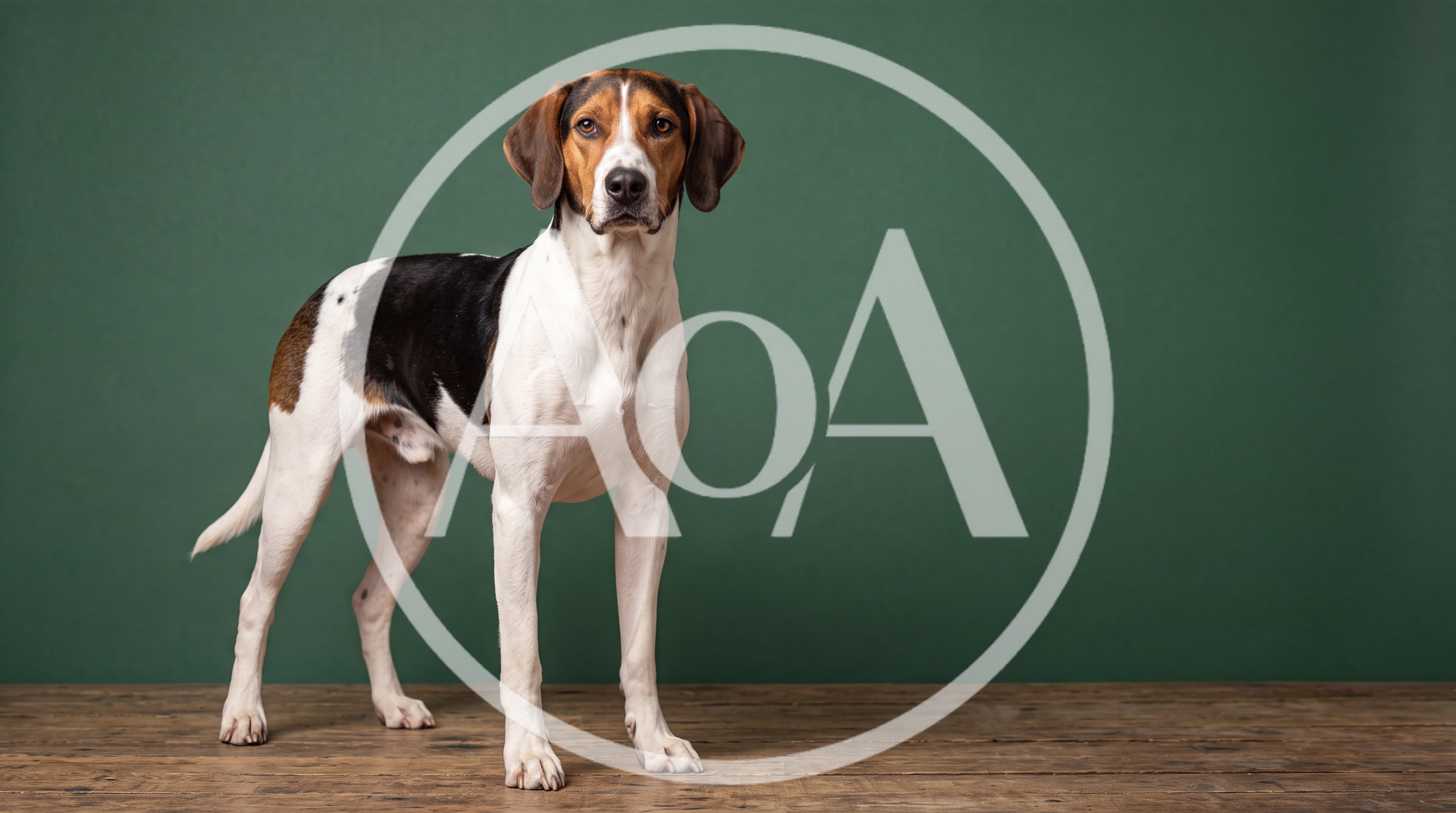Tricolor Hound Dog Standing On Wooden Floor