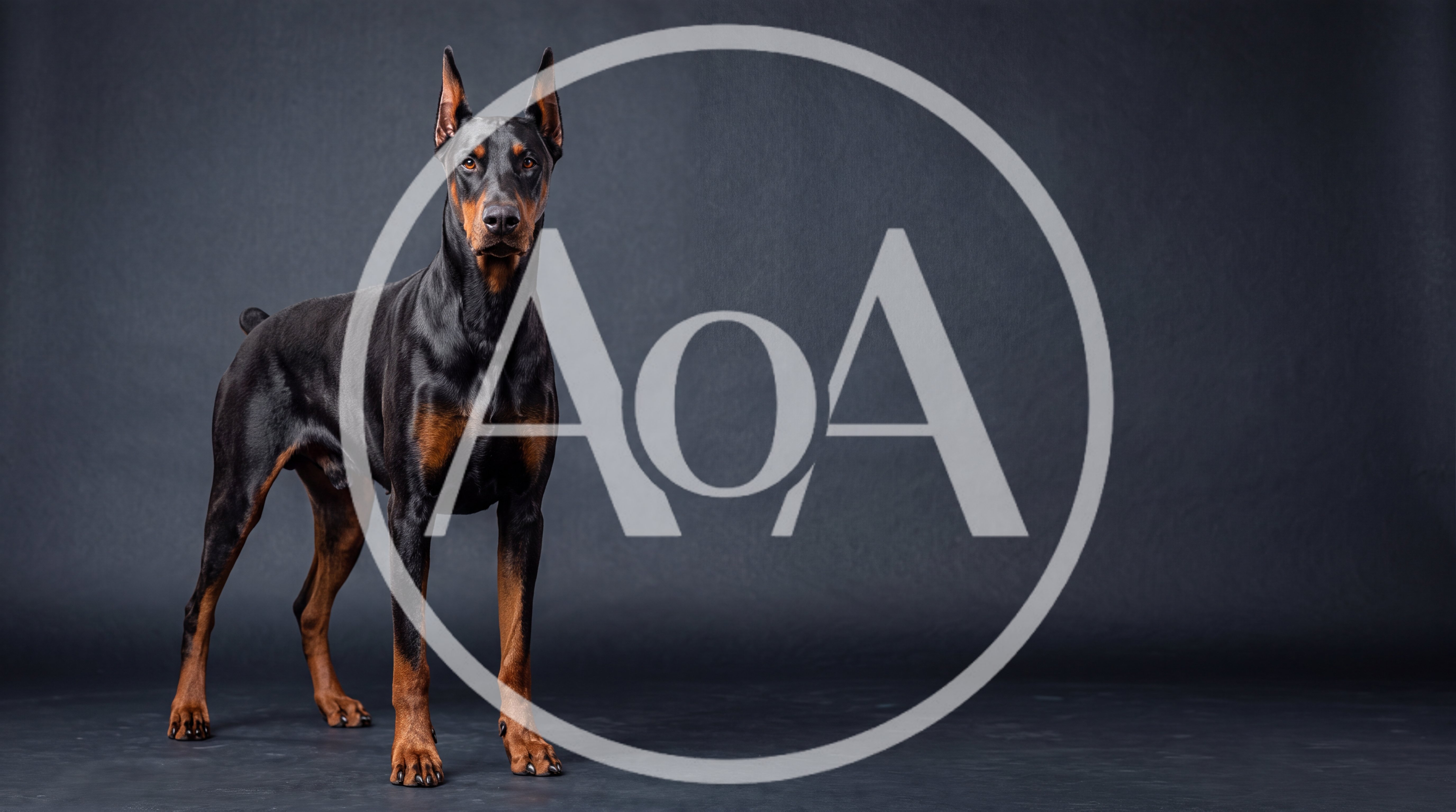 Doberman Pinscher Standing Against A Dark Grey Background