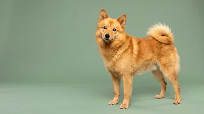 Finnish Spitz Dog Standing On Green Background