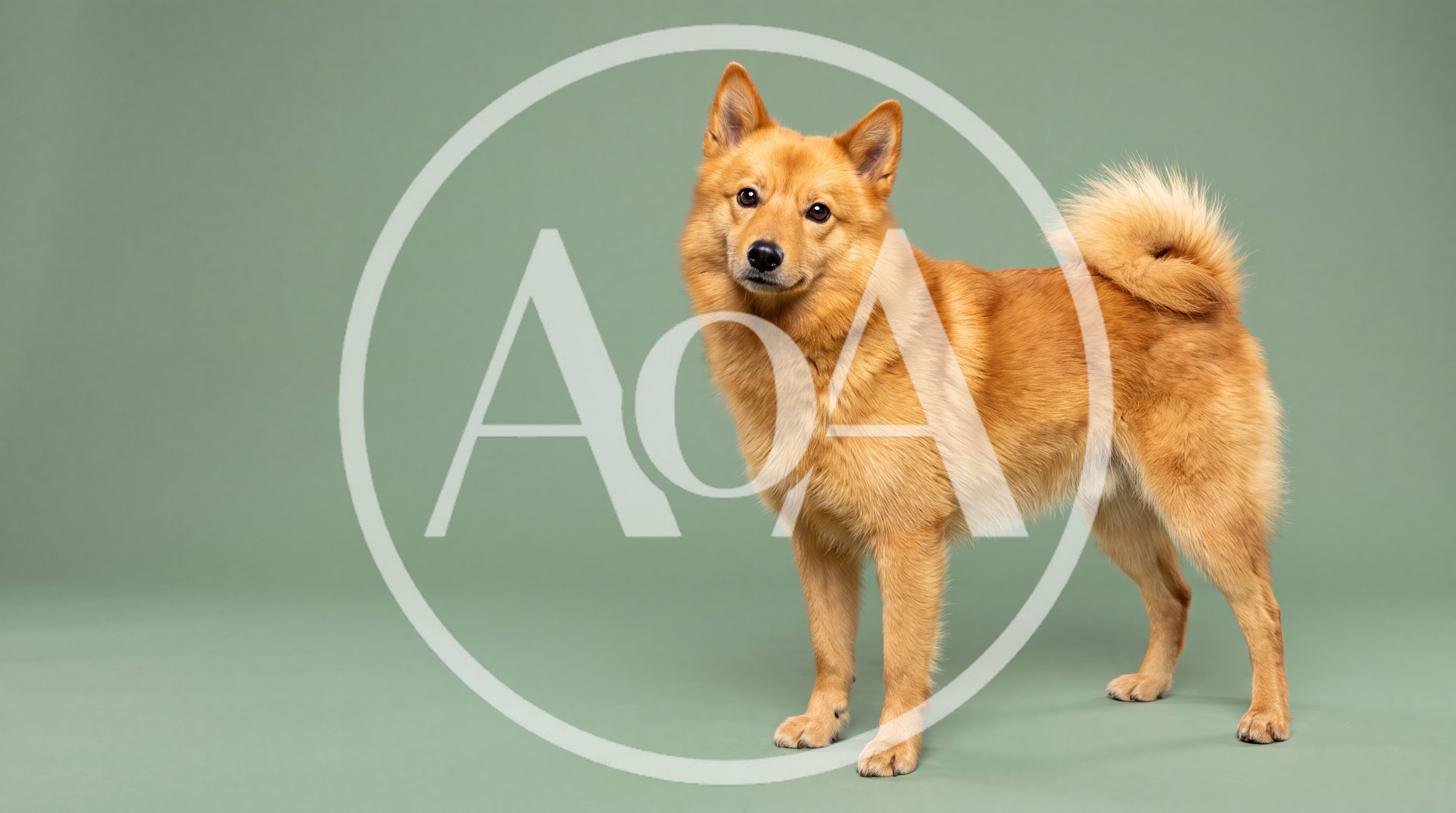 Finnish Spitz Dog Standing On Green Background