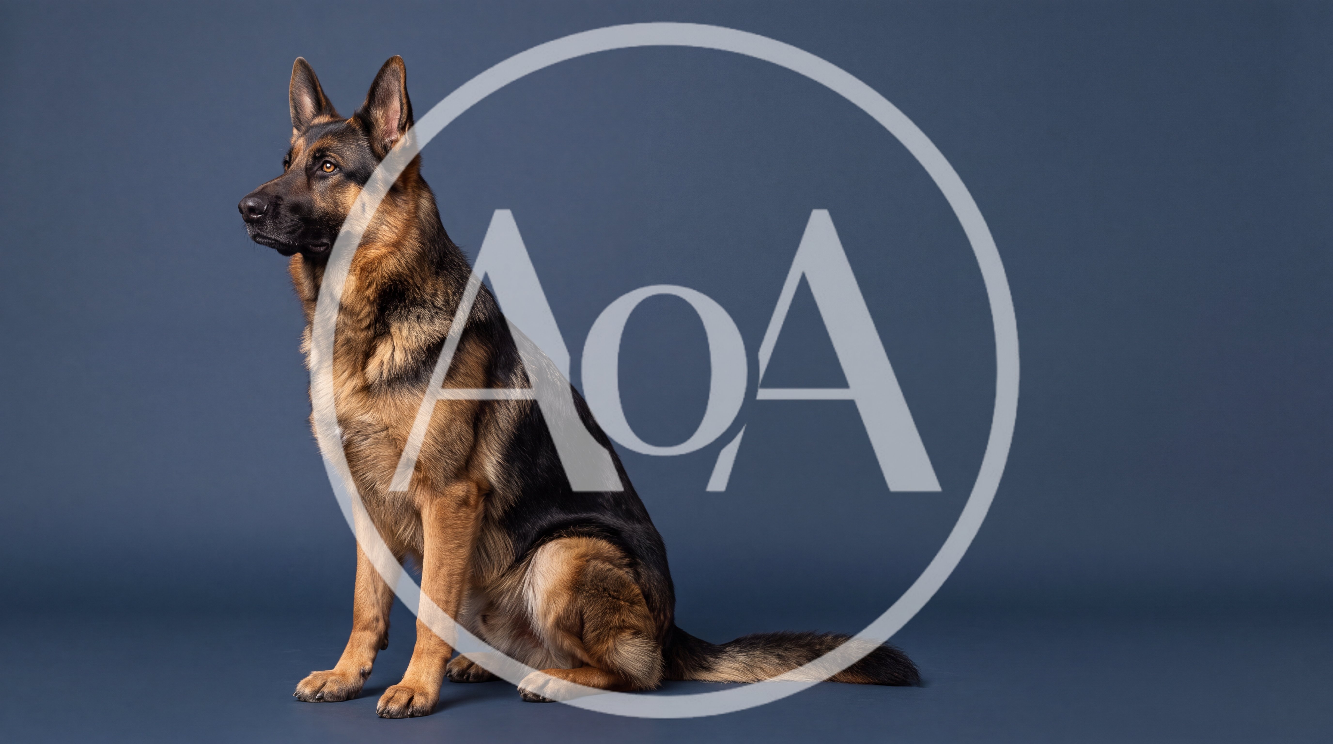 German Shepherd Dog Sitting On Blue Background