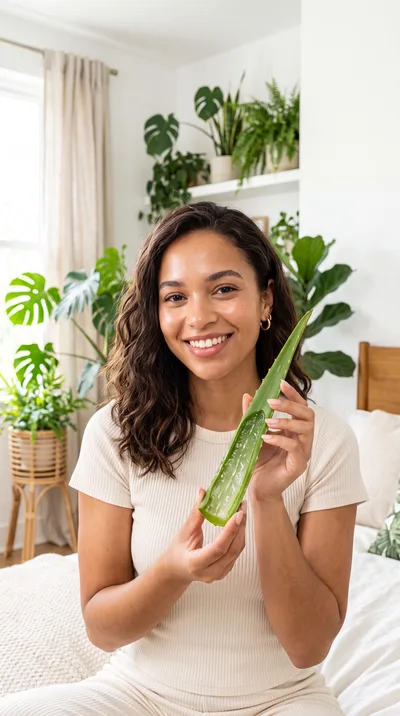 Young Woman Holding Fresh Aloe Vera Leaf