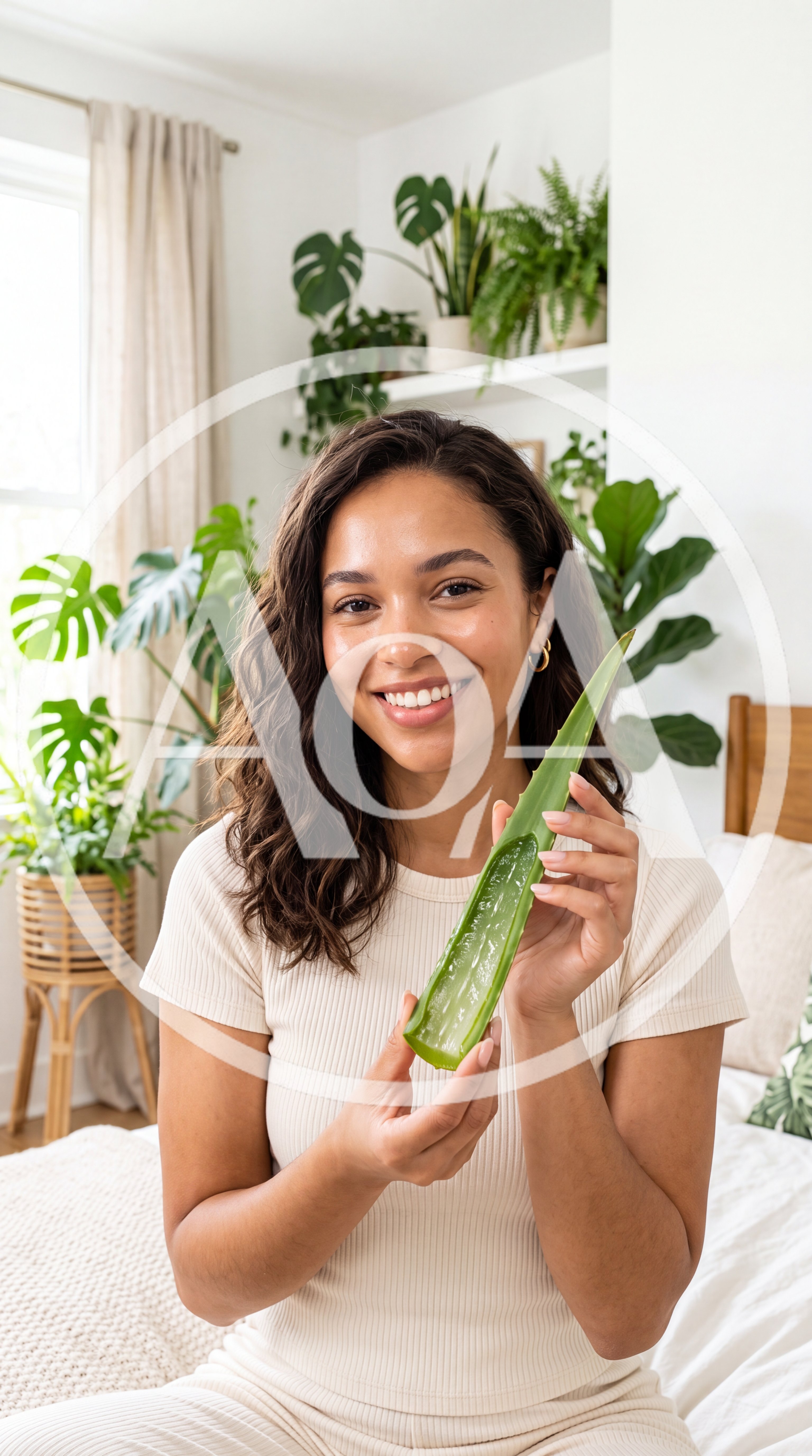 Young Woman Holding Fresh Aloe Vera Leaf