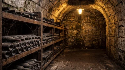 Old Wine Bottles Stored In A Stone Cellar