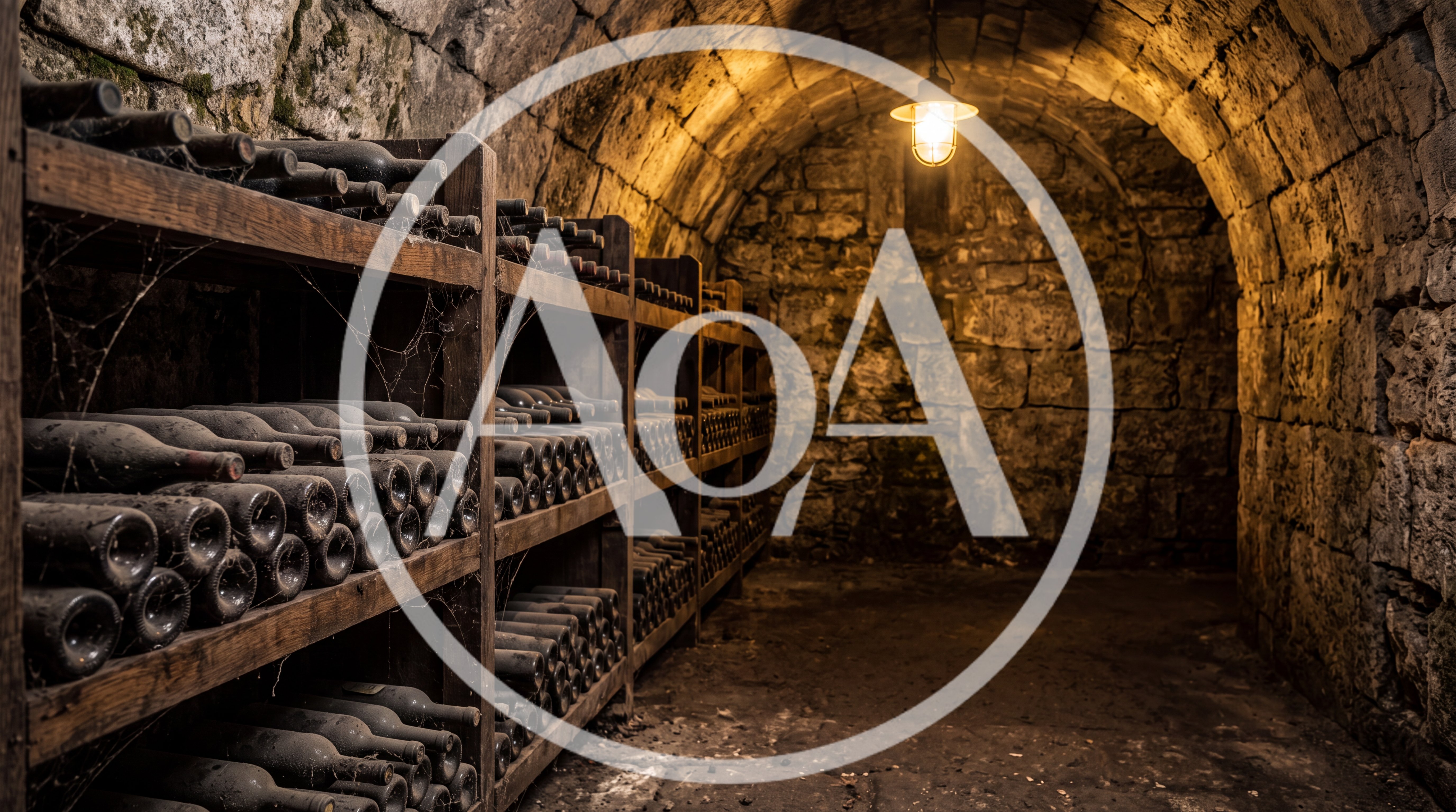 Old Wine Bottles Stored In A Stone Cellar