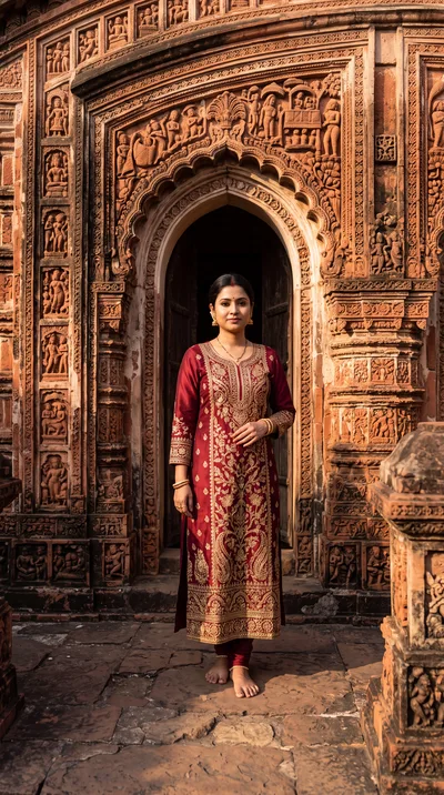 Indian Woman Standing In Traditional Temple Entrance