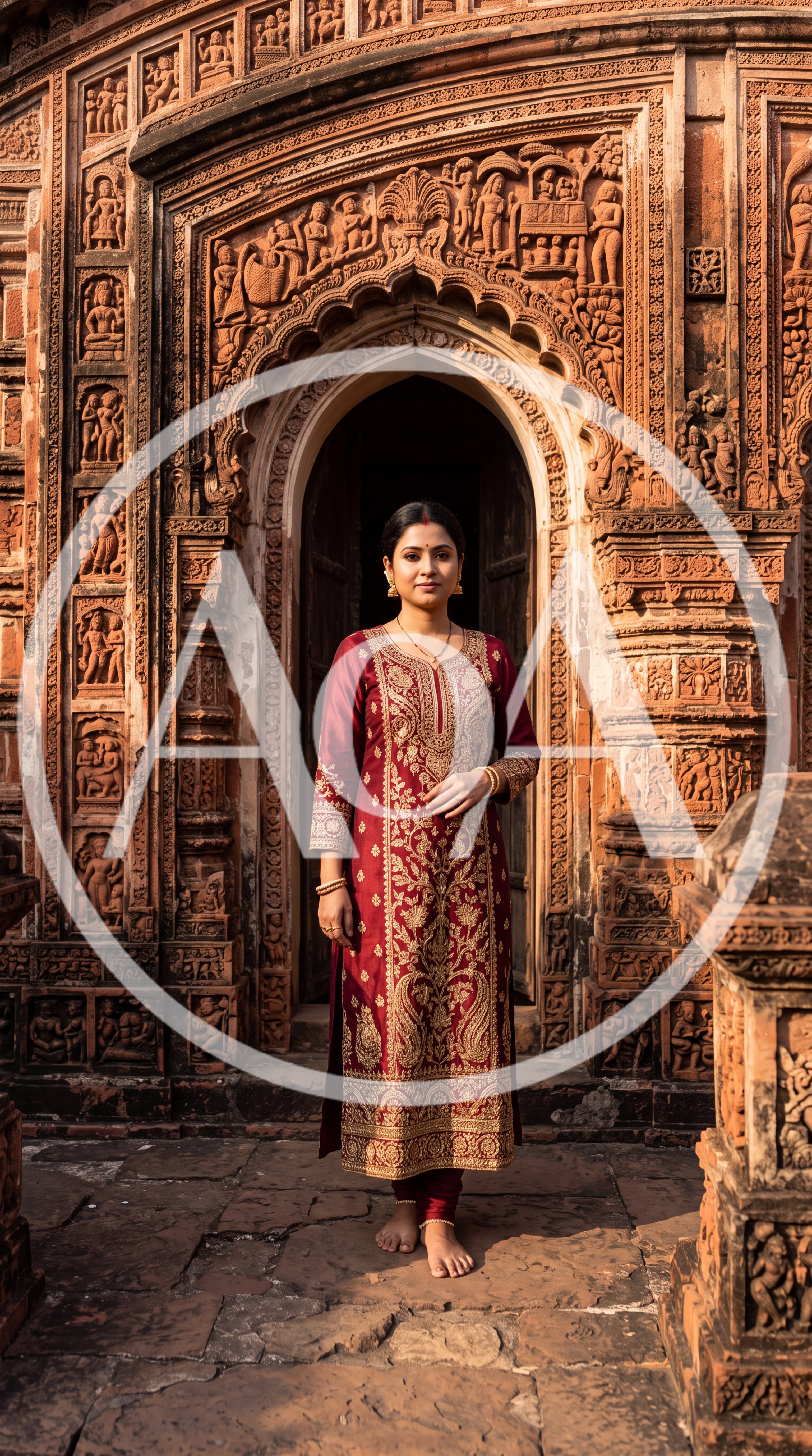 Indian Woman Standing In Traditional Temple Entrance