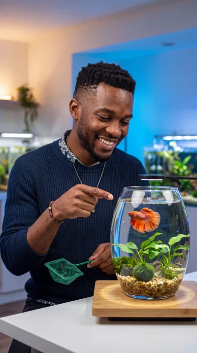 Young Man Observing His Pet Betta Fish