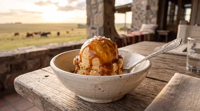 Salted Caramel Ice Cream Bowl on Rustic Outdoor Table