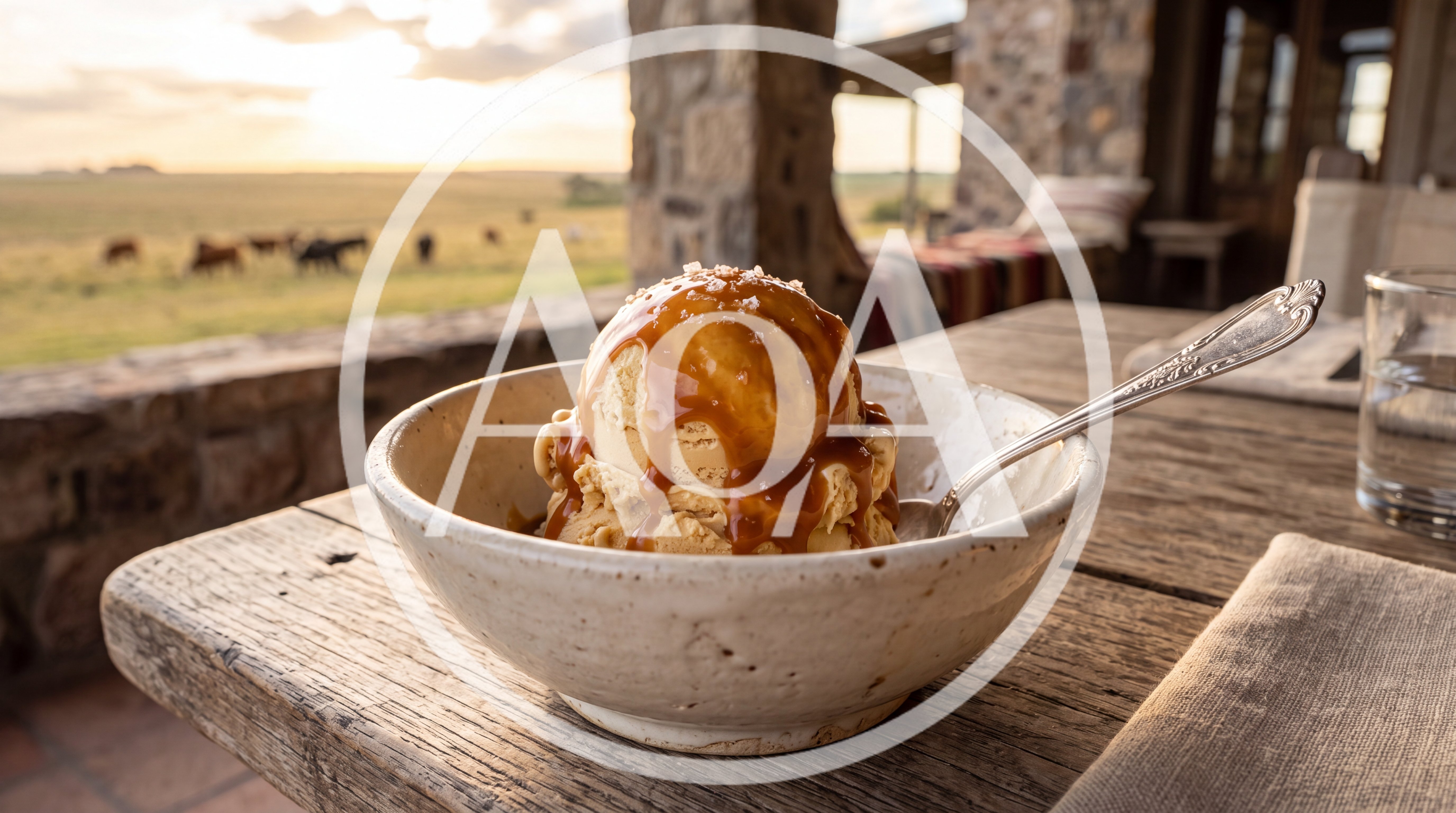 Salted Caramel Ice Cream Bowl on Rustic Outdoor Table
