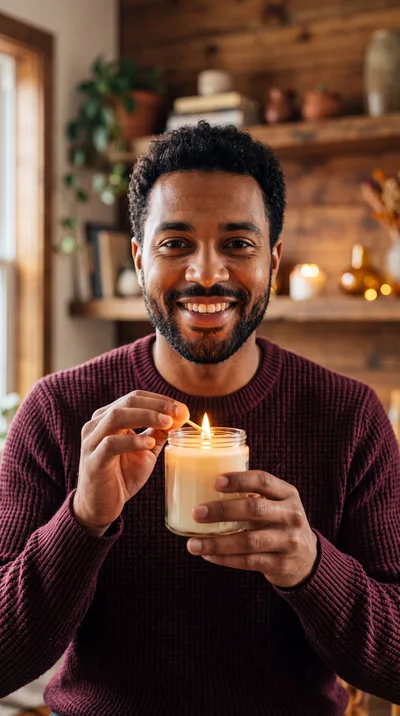 Smiling Man Lighting A Scented Candle
