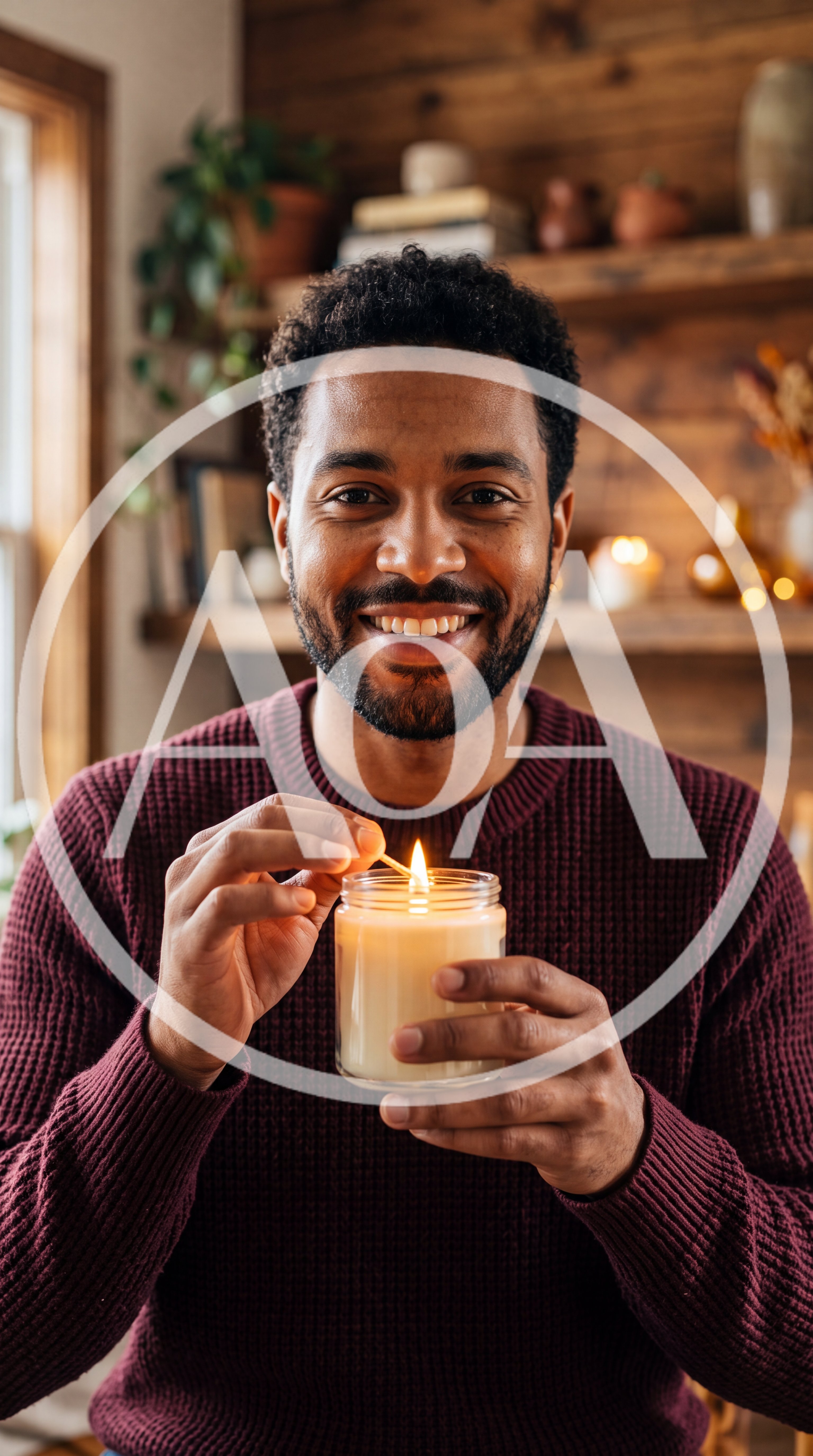 Smiling Man Lighting A Scented Candle