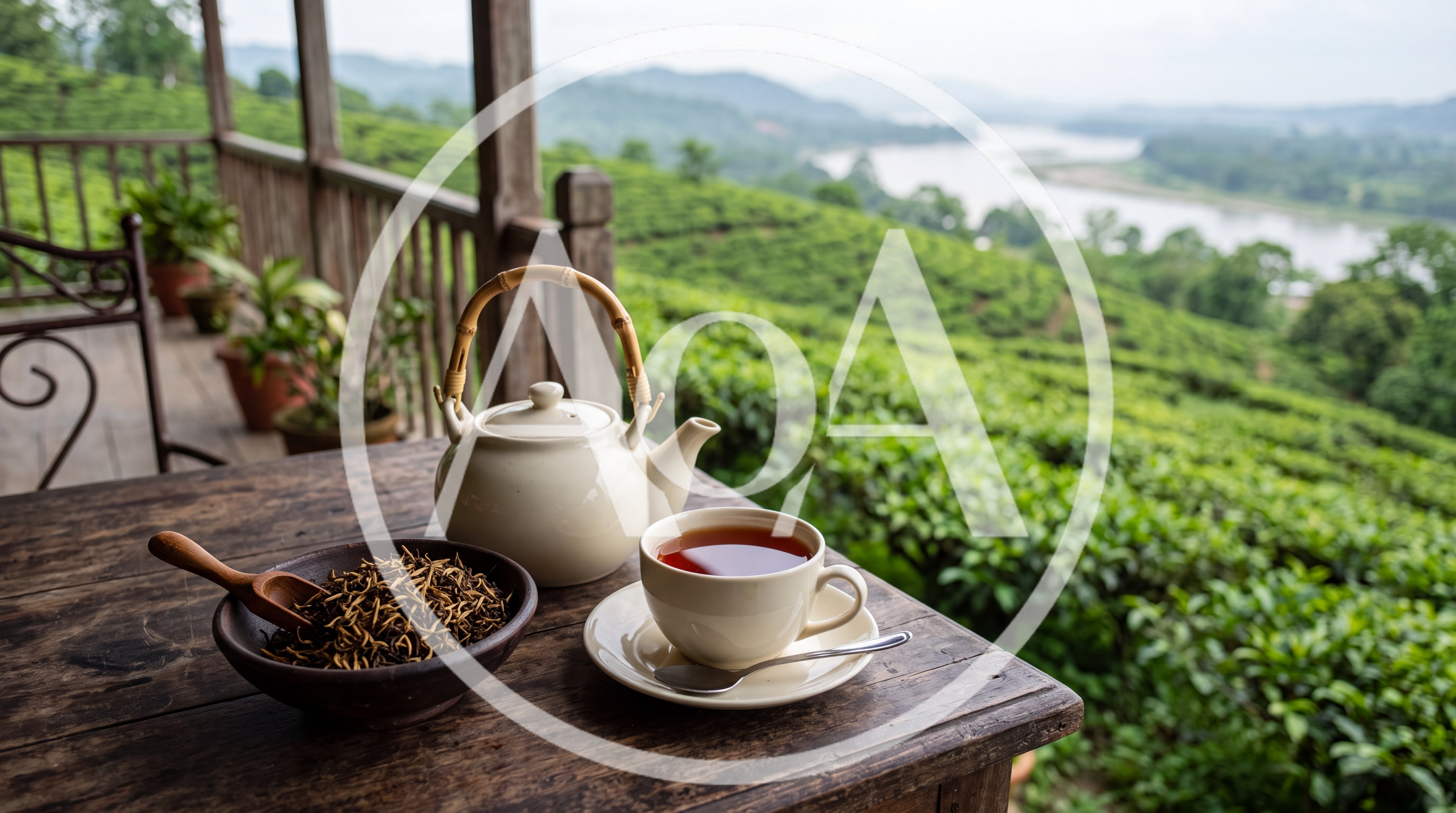 Tea Service Overlooking Lush Green Tea Plantation