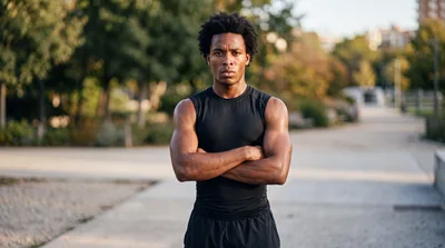 Athletic Young Man Standing With Arms Crossed Outdoors