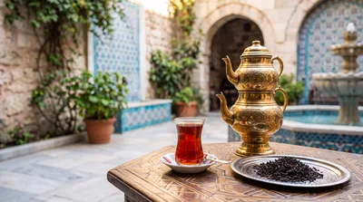 Traditional Turkish Tea Service in a Historic Courtyard