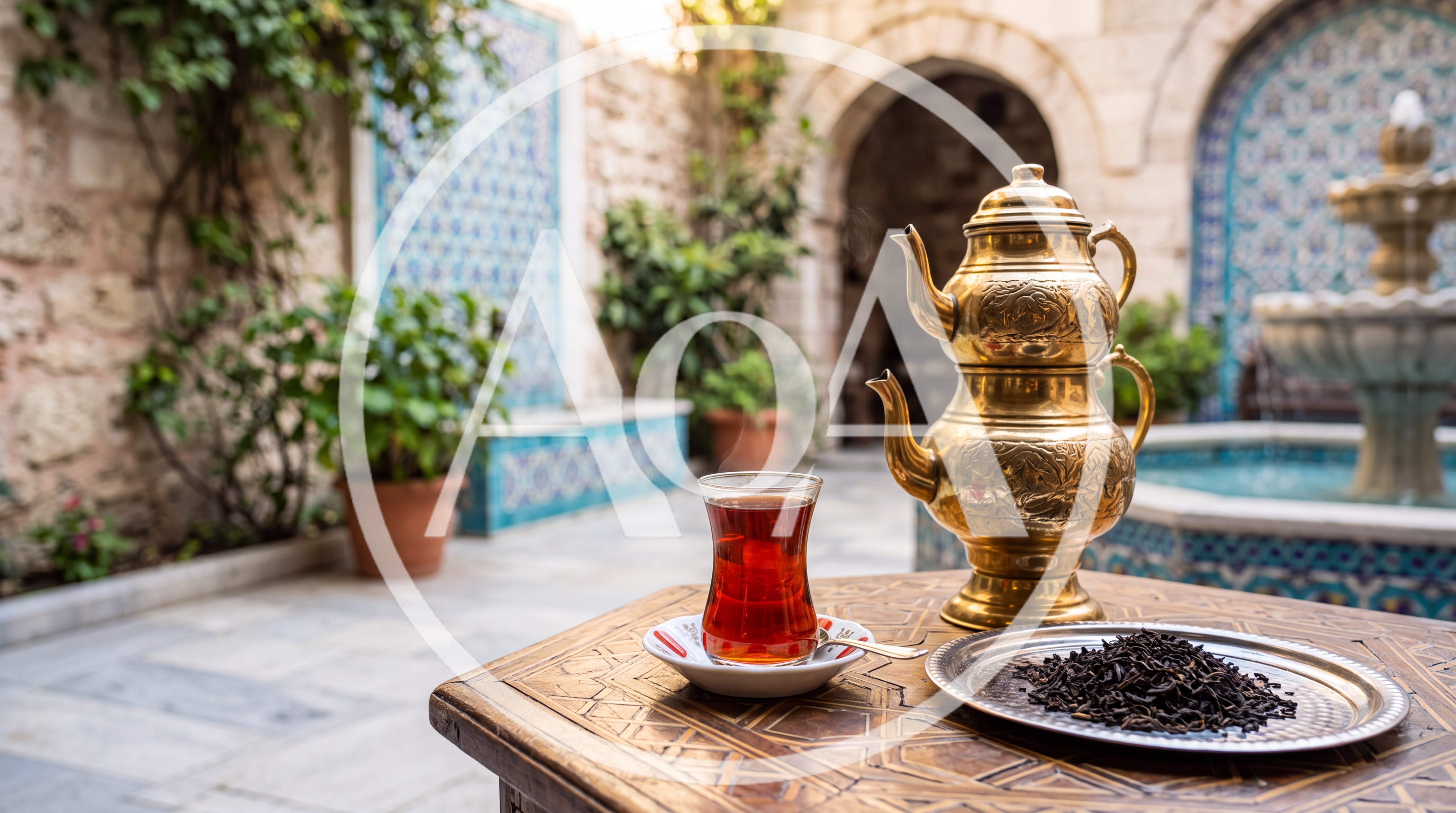 Traditional Turkish Tea Service in a Historic Courtyard