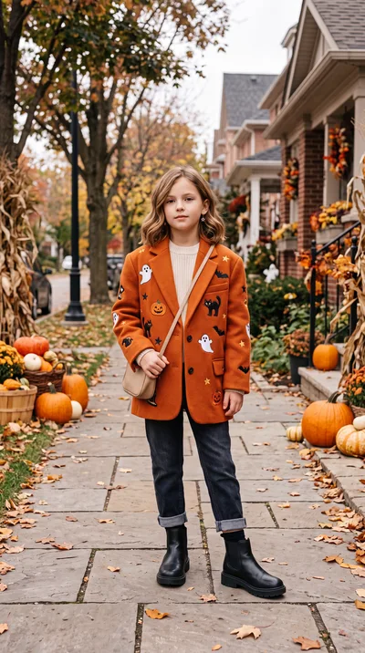Young Girl Wearing Halloween Blazer Standing on Sidewalk