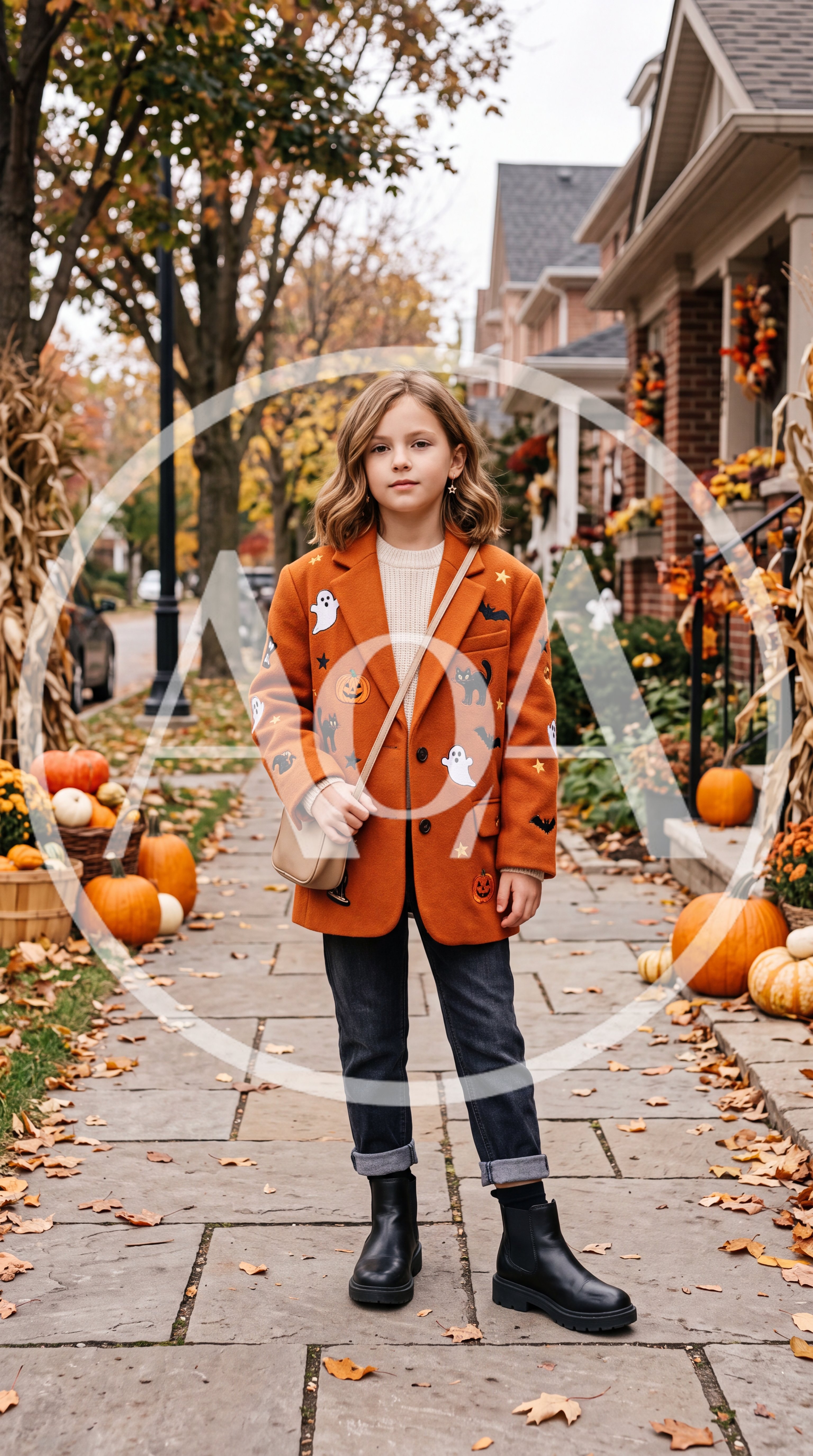 Young Girl Wearing Halloween Blazer Standing on Sidewalk