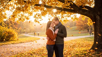 Young Couple Embracing Under Autumn Tree