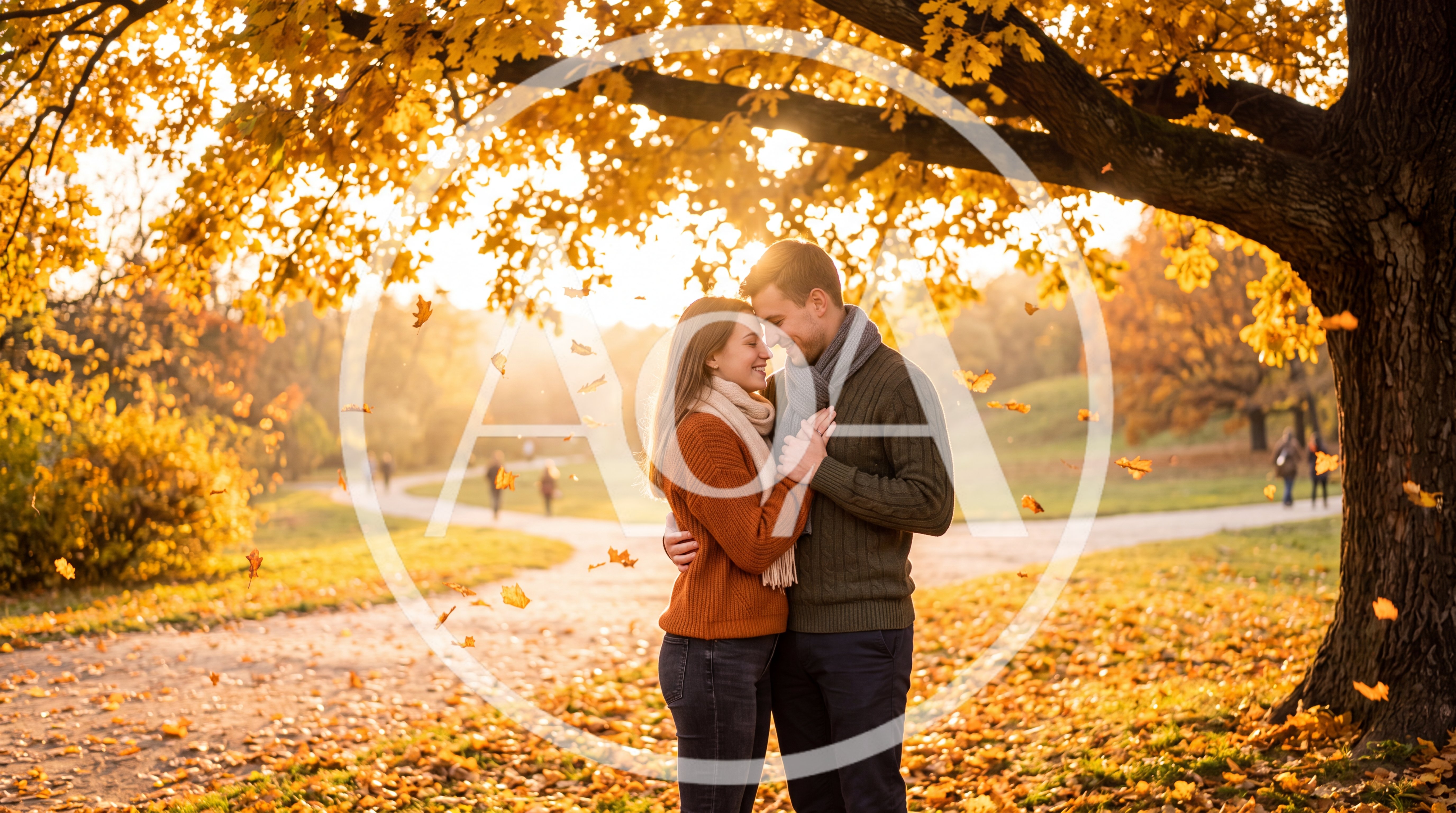 Young Couple Embracing Under Autumn Tree