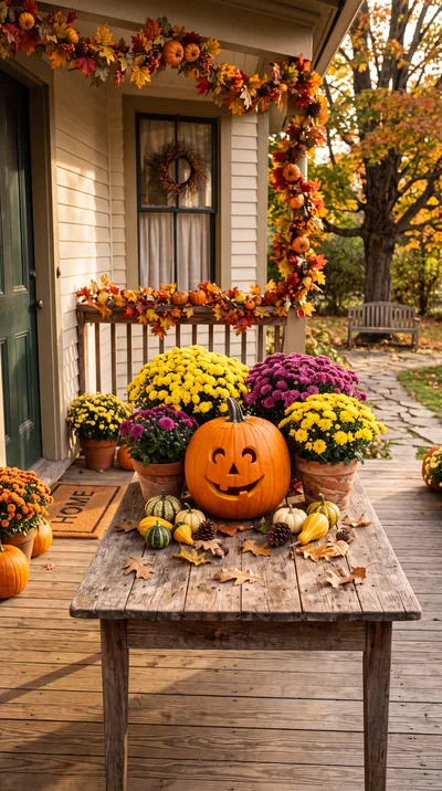 Fall Porch Decor With Carved Pumpkin And Mums