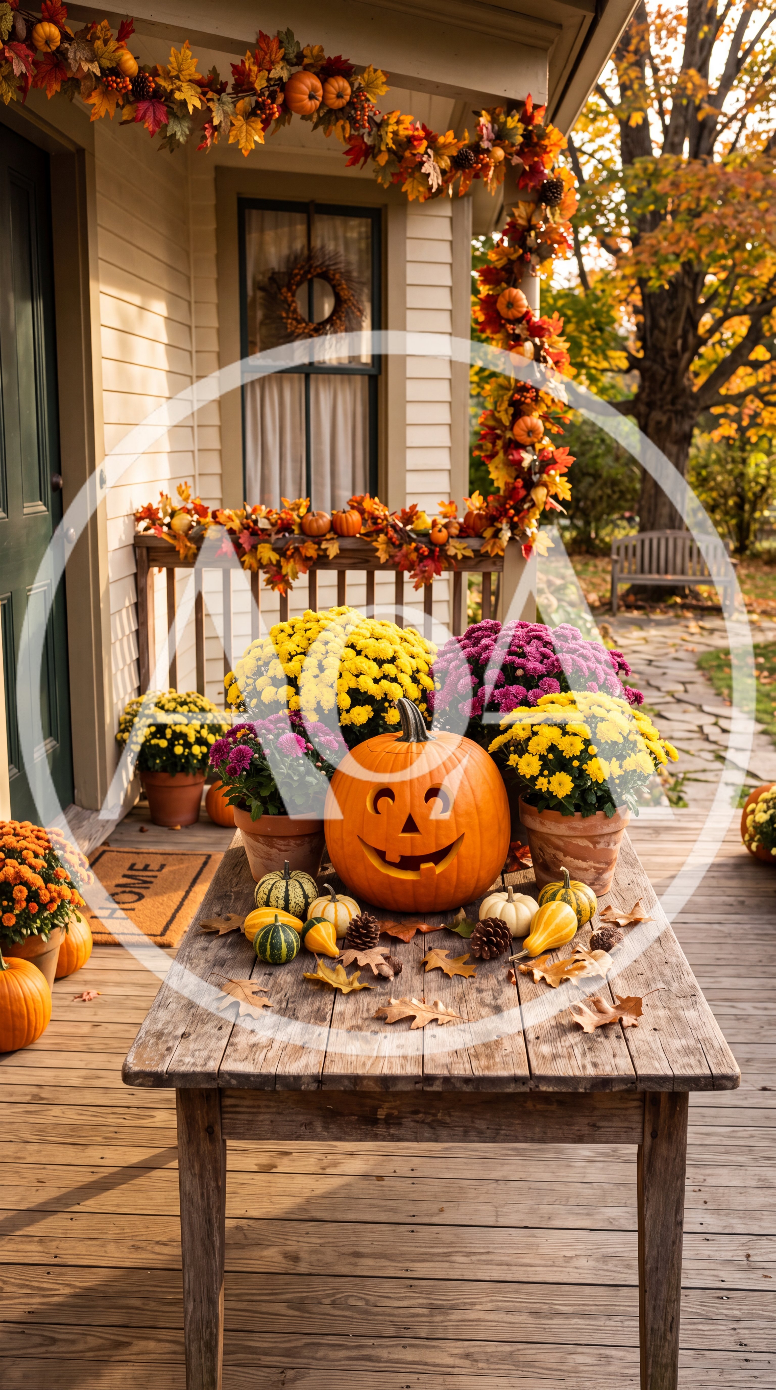 Fall Porch Decor With Carved Pumpkin And Mums
