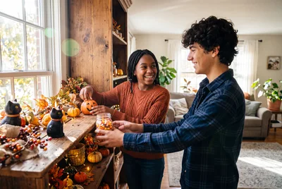 Teenagers Decorating A Wooden Shelf For Halloween