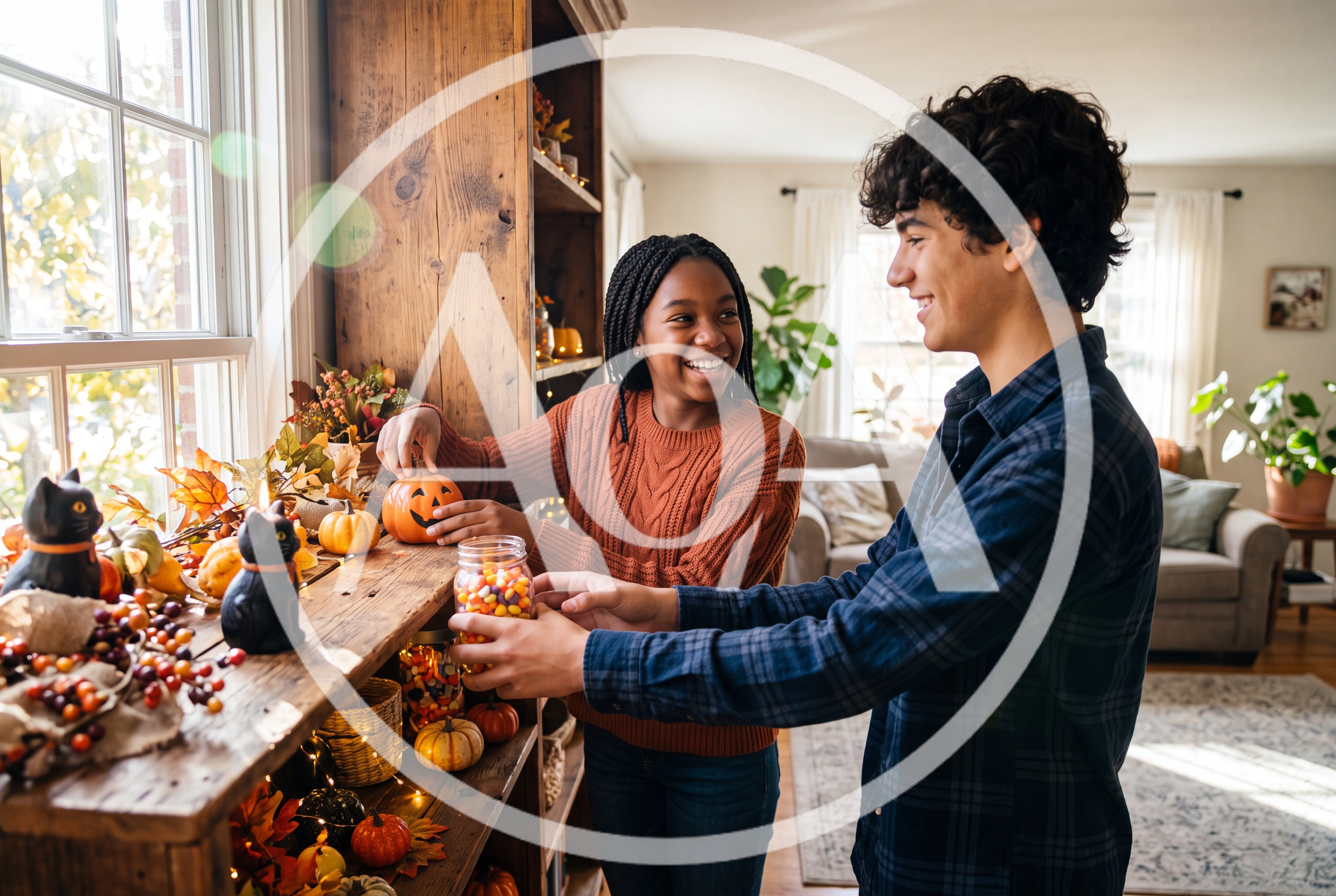 Teenagers Decorating A Wooden Shelf For Halloween