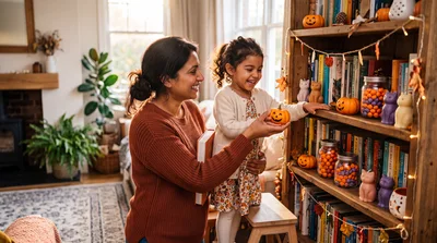 Mother and Daughter Decorating Bookshelf for Halloween